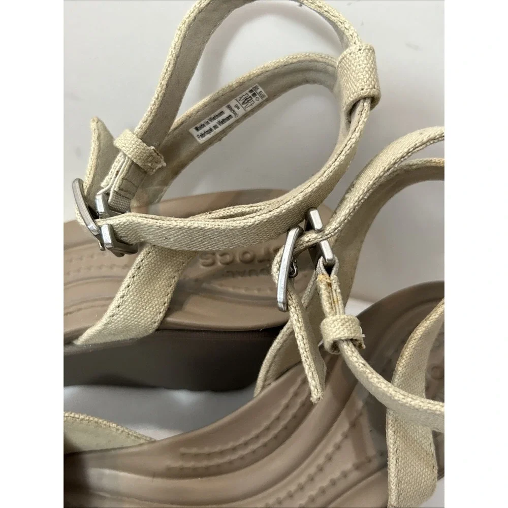 Crocs Women's Sz 6 Leigh II Cross Ankle Strap Wedge Sandals Beige Canvas Comfort